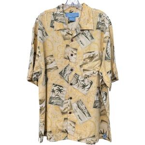 Bermuda Bay Men’s Silk Hawaiian Shirt Yellow Tropical Print Size L